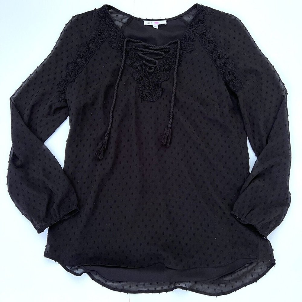 Anthropologie DR2 Size S Blouse Black Sheer Lined Swiss Dots - Picture 3 of 8